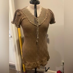 Brown Crochet Cottagecore Mini Dress